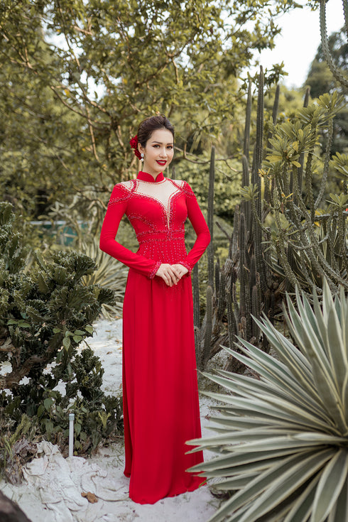 Red stunning beaded modern bridal ao dai