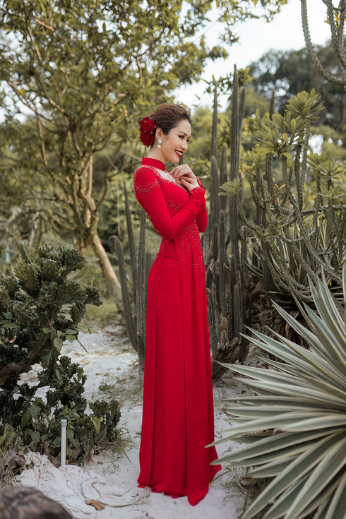 Red stunning beaded modern bridal ao dai