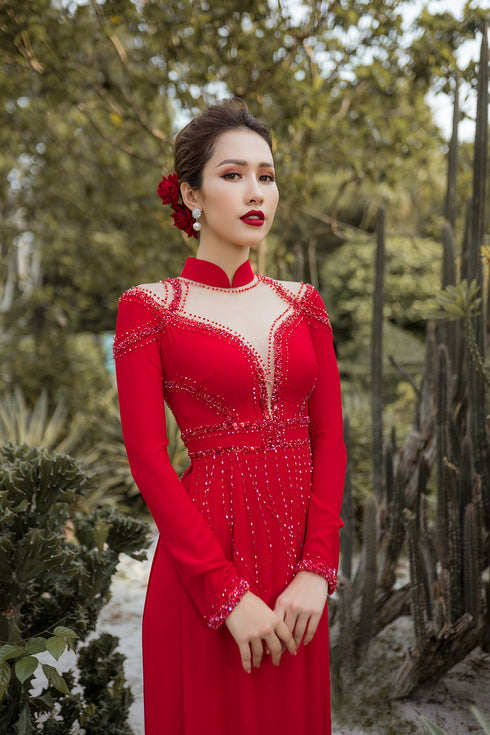 Red stunning beaded modern bridal ao dai