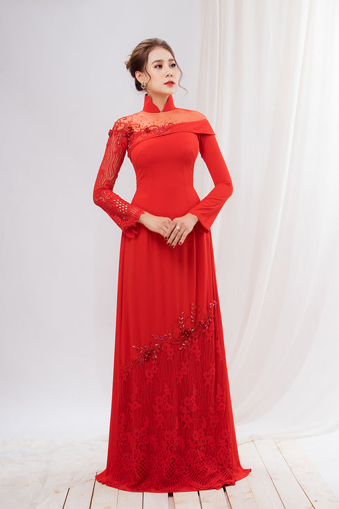 Red modern sleeves wedding ao dai