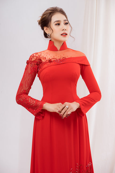 Red modern sleeves wedding ao dai