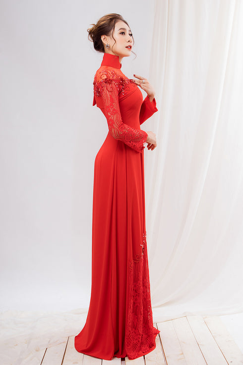 Red modern sleeves wedding ao dai