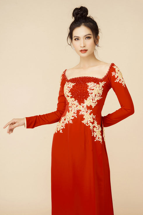 Red square neckline with gold beaded