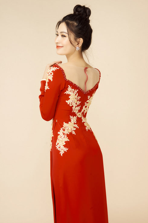 Red square neckline with gold beaded
