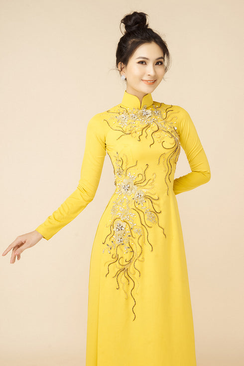 Stand out yellow beaded modern ao dai