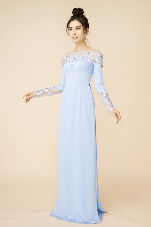 Gentle turquoise beaded ao dai
