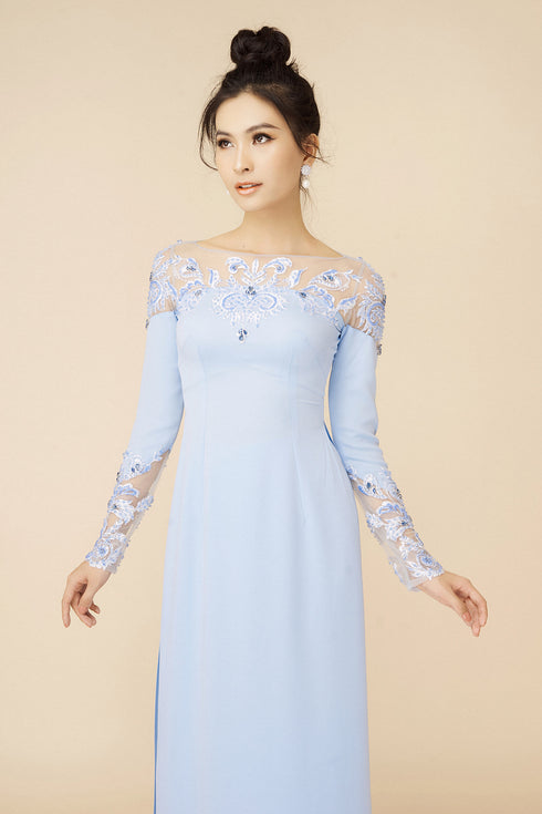 Gentle turquoise beaded ao dai