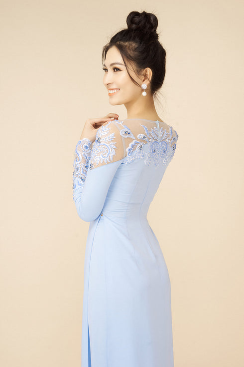 Gentle turquoise beaded ao dai