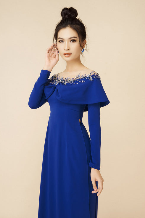 Modern neckline beaded ao dai for party