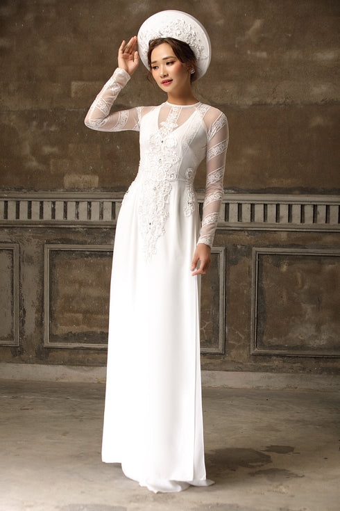 Exquisite embroidery lace bridal ao dai - Sale