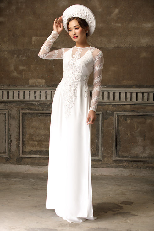 Exquisite embroidery lace bridal ao dai