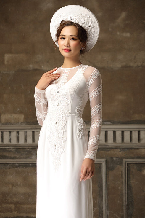 Exquisite embroidery lace bridal ao dai - Sale
