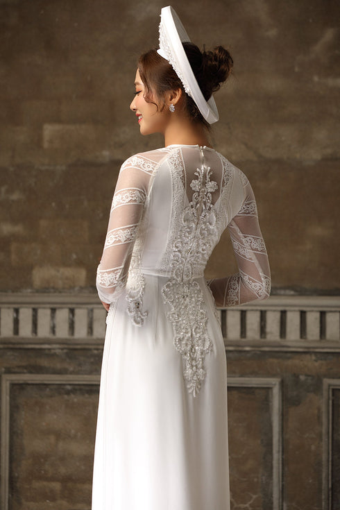 Exquisite embroidery lace bridal ao dai - Sale
