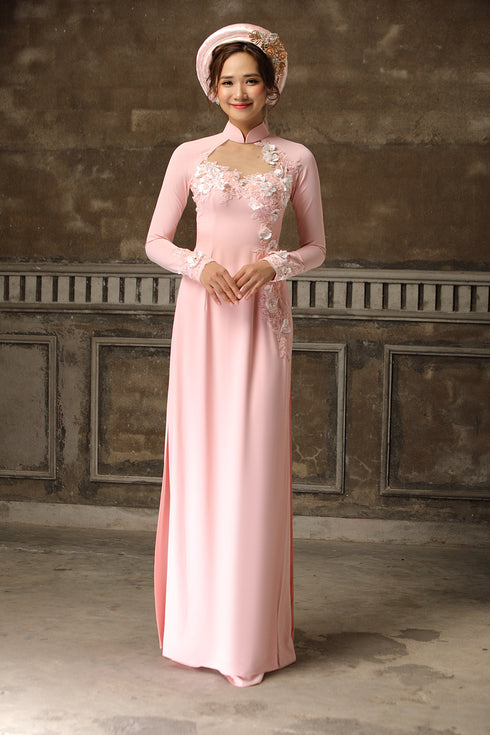 Pink 3D floral embellished bridal ao dai