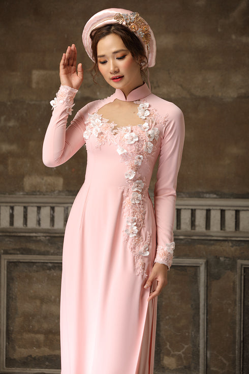 Pink 3D floral embellished bridal ao dai