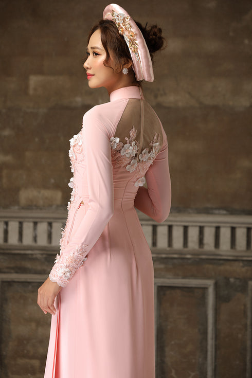 Pink 3D floral embellished bridal ao dai