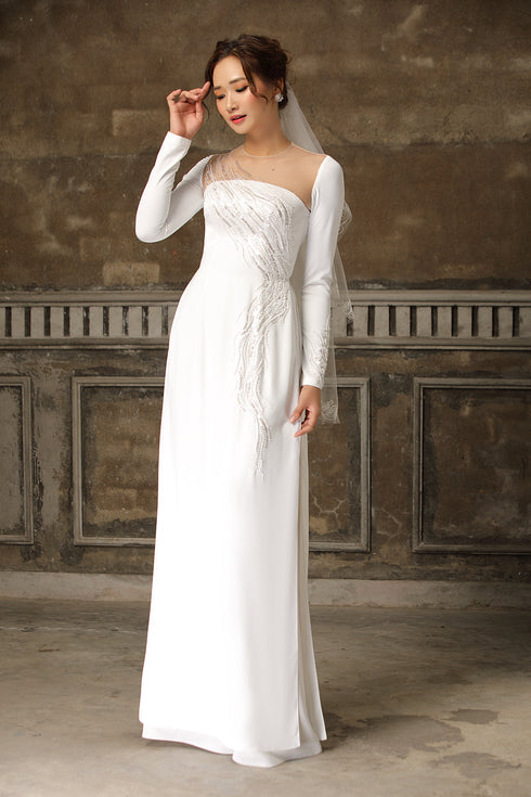 Modern round neck ao dai with beading