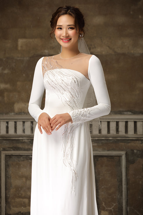 Modern round neck ao dai with beading