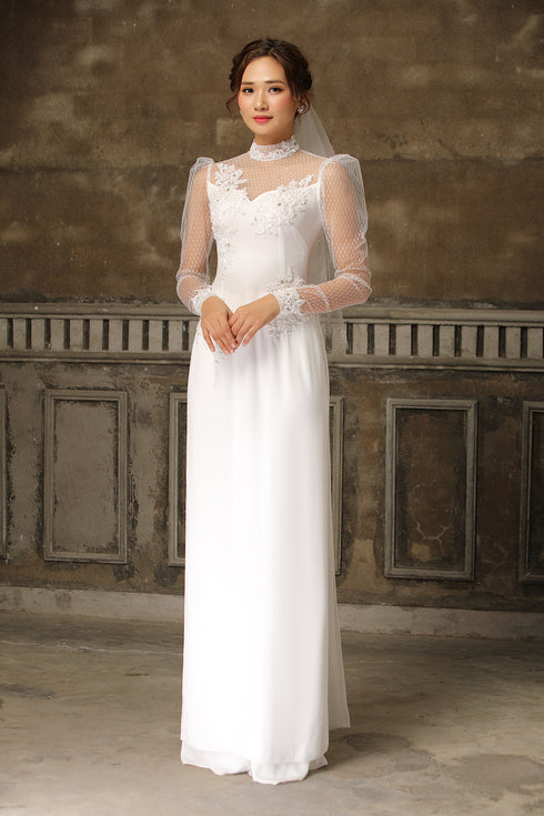 White ao dai with modern tulle sleeves