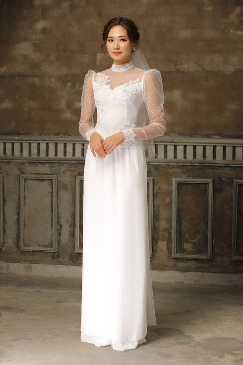 White ao dai with modern tulle sleeves - Sale