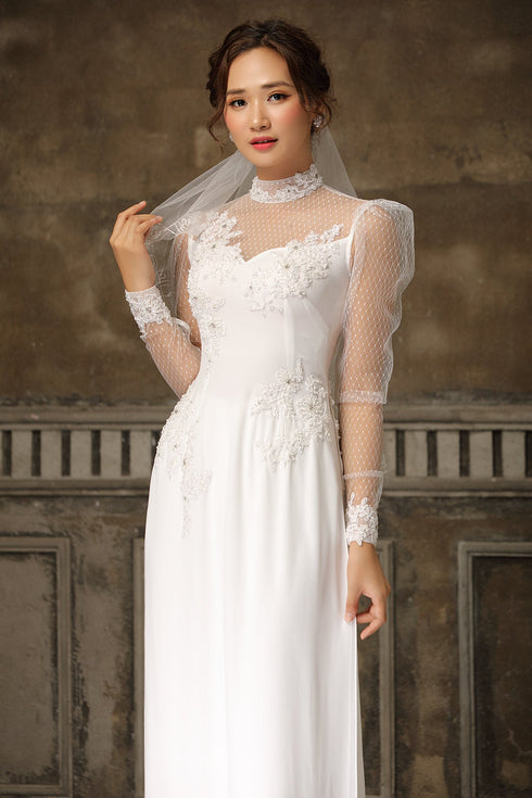 White ao dai with modern tulle sleeves - Sale