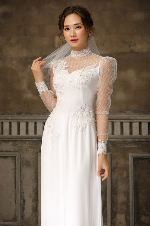 White ao dai with modern tulle sleeves
