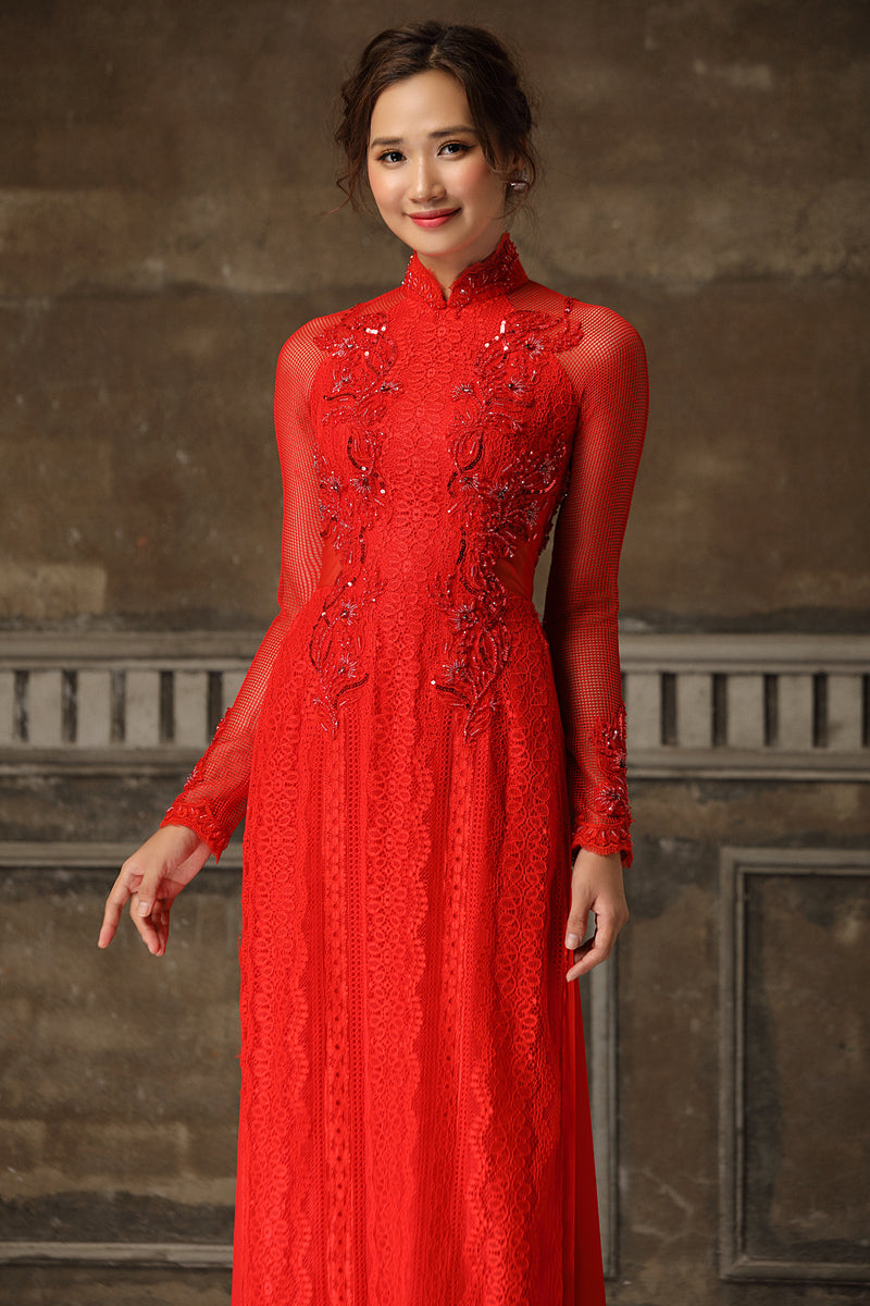 Red lace ao dai with delicate beaded LAHAVA Red lace ao dai with delicate beaded LAHAVA