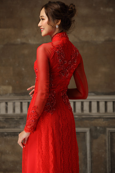 Red lace ao dai with delicate beaded