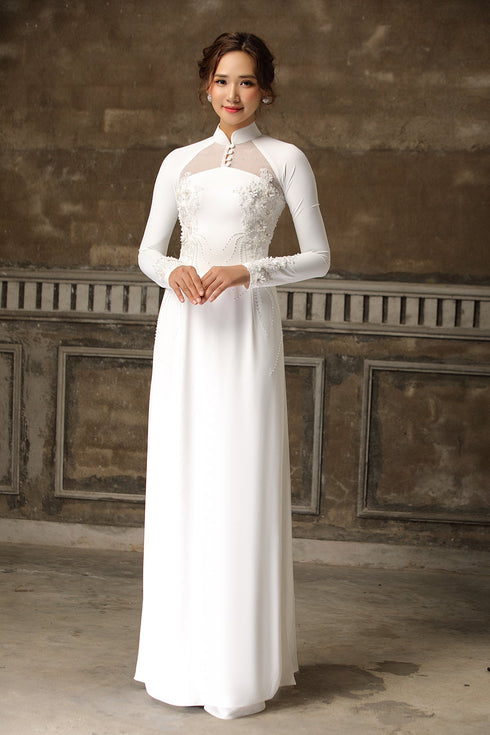 Modern raglan ao dai with 3D floral embellished - Sale