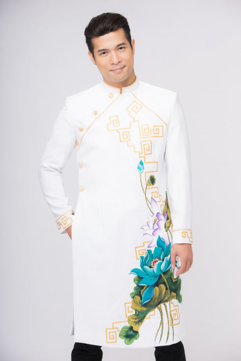 White men ao dai with Lotus painted