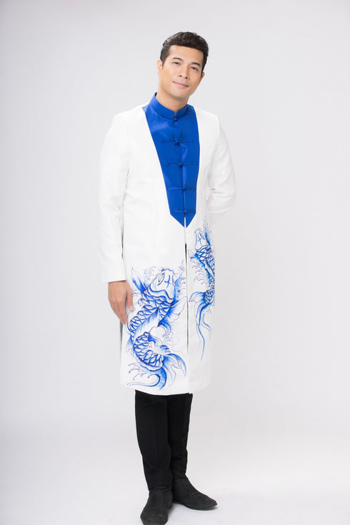 White and blue ao dai with patterns painted