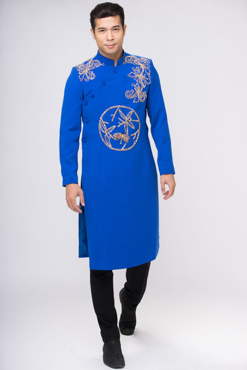 Blue ao dai with patterns beaded