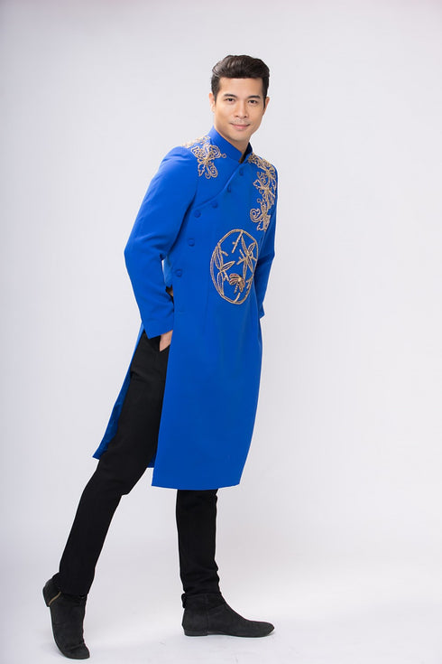 Blue ao dai with patterns beaded