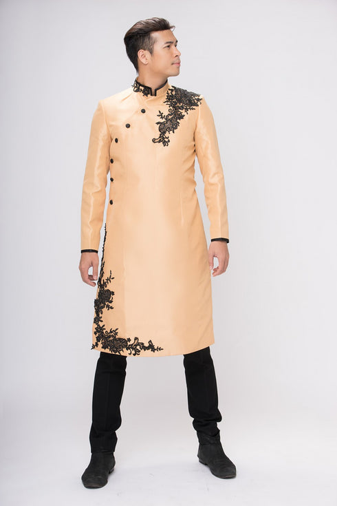 Gold satin with black embroidery lace