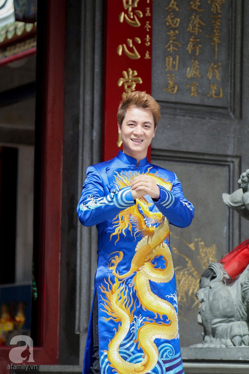 Blue satin ao dai dragon embroidered