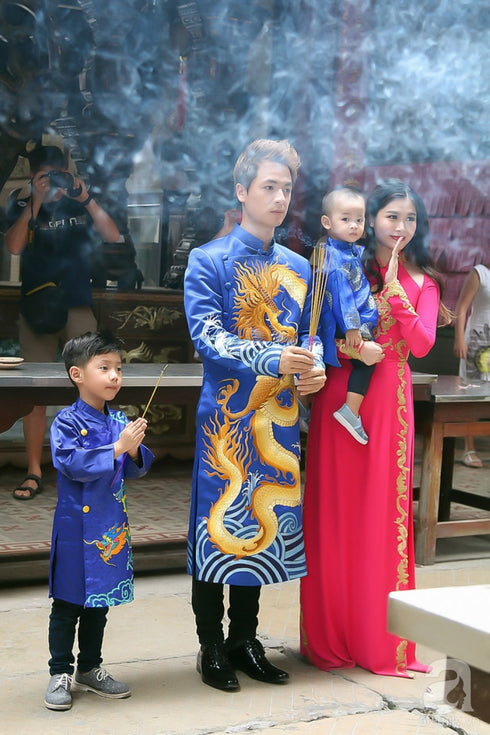 Blue satin ao dai dragon embroidered