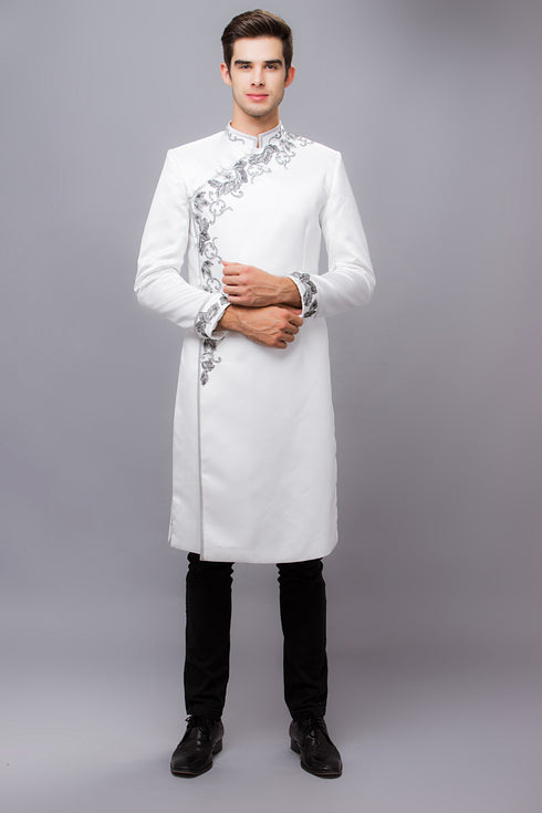 Ivory white ao dai with gray embroidery lace