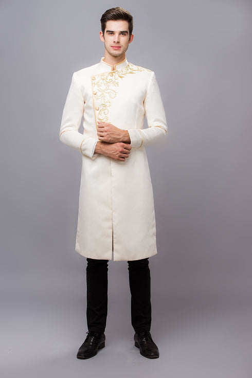 Beige men ao dai with gold embroidery lace - sale