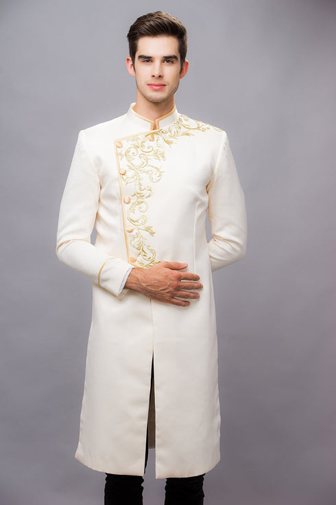 Beige men ao dai with gold embroidery lace - sale