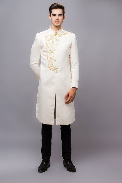 Beige men ao dai with gold embroidery lace - sale