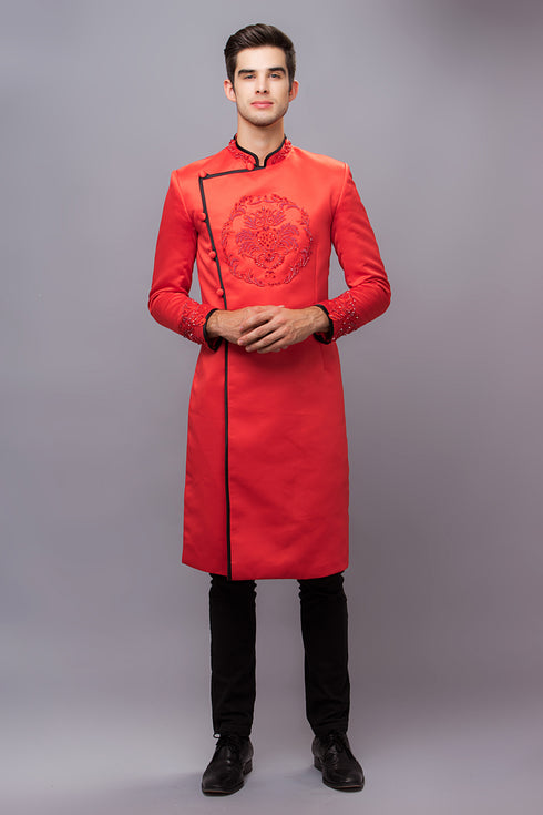 Red modern men ao dai with patterns lace
