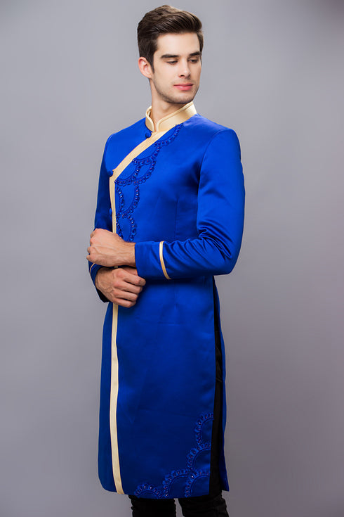 Blue with gold line modern men ao dai
