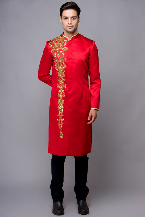 Red men ao dai with gold lace - sale