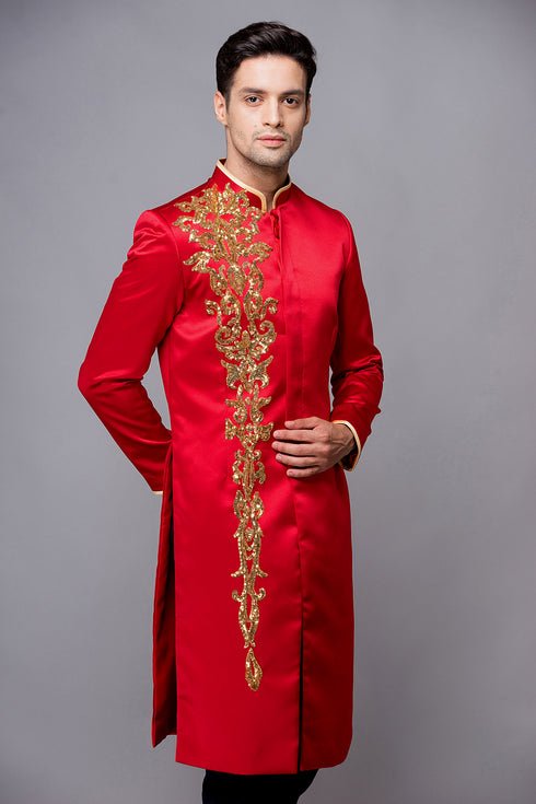 Red men ao dai with gold lace - sale