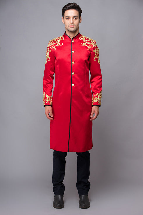 Red modern ao dai with gold embroidery embellished