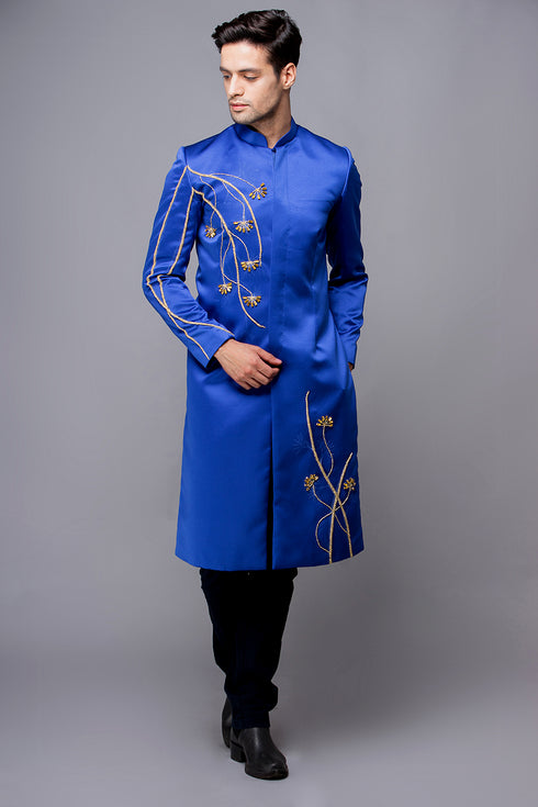 Blue men ao dai with floral beaded
