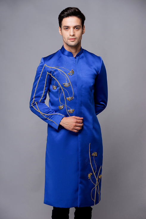 Blue men ao dai with floral beaded