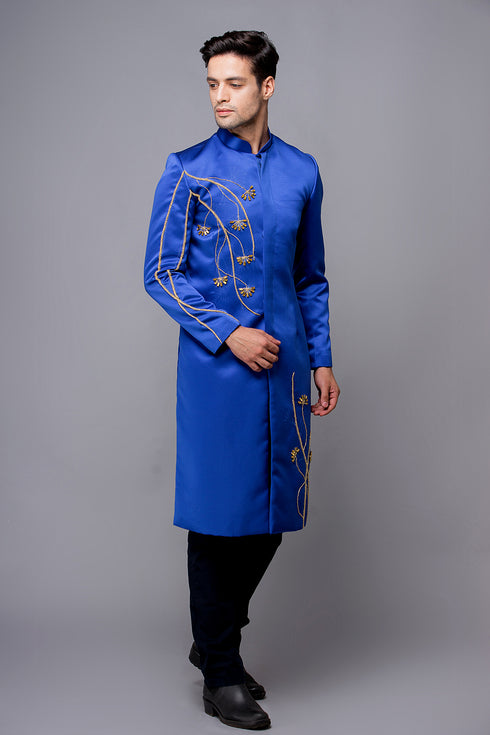 Blue men ao dai with floral beaded