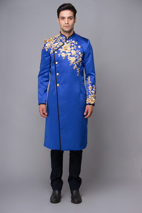 Blue men ao dai with 3D flowers embellished