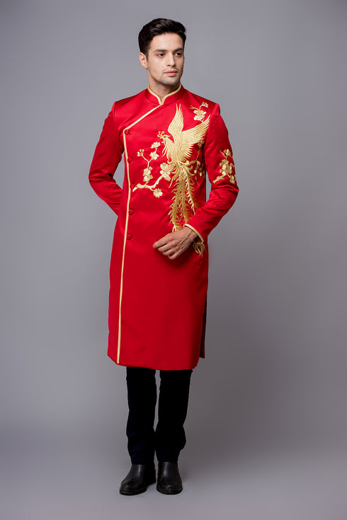 Luxury men's ao dai with a phoenix hand embroidered